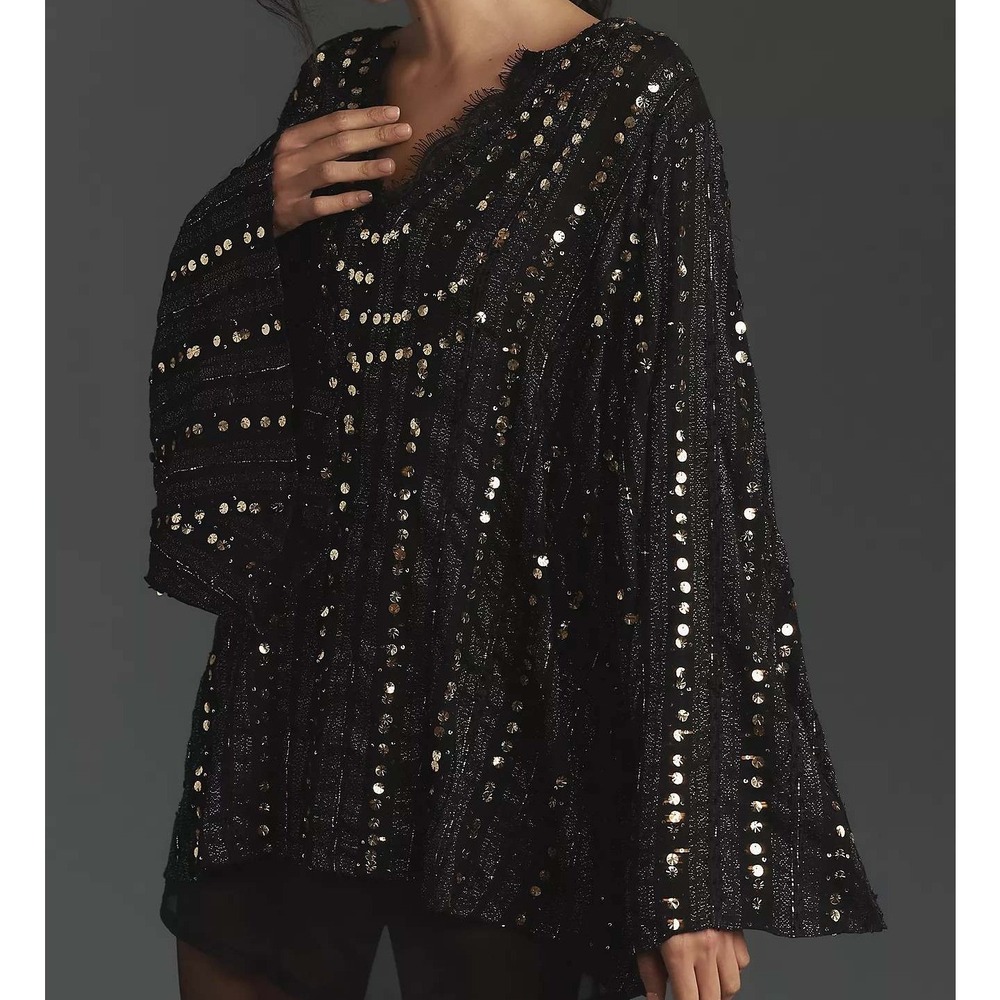 Anthropologie Let Me Be Black Gold Sequin Embellished Lace V Neck Blouse Medium - Picture 2 of 15